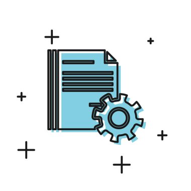 Beyaz arka planda yalıtılmış dişlisimgesine sahip Siyah Belge ayarları. Yazılım güncellemesi, transfer protokolü, takım çalışması araç yönetimi. Vektör İllüstrasyonu