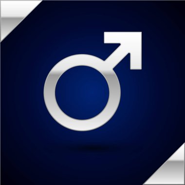 Gümüş Erkek cinsiyet sembolü simgesi koyu mavi arka plan üzerinde izole. Vektör İllüstrasyonu