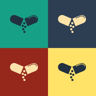 Renk Tıp hap veya tablet simgesi renk arka plan izole. Kapsül hapı ve ilaç işareti. Eczane tasarımı. Vintage tarzı çizim. Vektör İllüstrasyonu