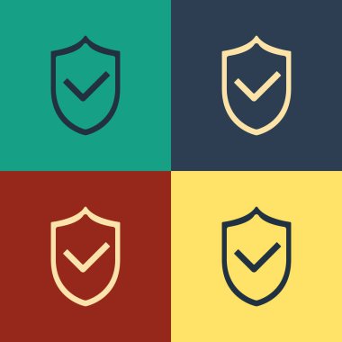 Renk arka planda yalıtılmış onay işareti simgesine sahip Renk Kalkanı. Koruma sembolü. Güvenlik denetimi Simgesi. Onay işareti simgesini işaretleyin. Vintage tarzı çizim. Vektör İllüstrasyonu