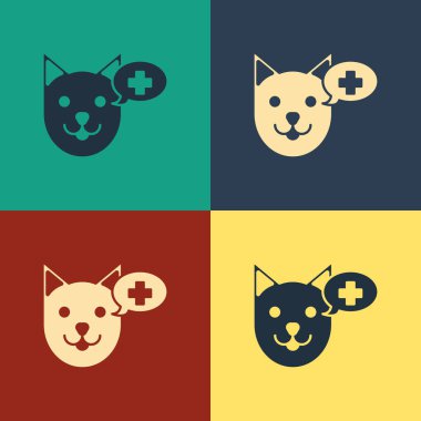 Renk Veteriner kliniği sembol simgesi renk arka plan izole. Köpek veteriner bakımı ile çapraz. Pet İlk Yardım işareti. Vintage tarzı çizim. Vektör İllüstrasyonu