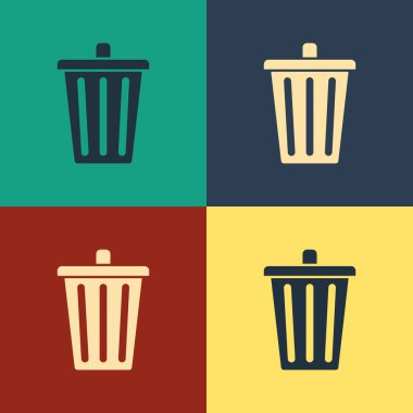 Renk Çöp Kutusu, renk arka planında yalıtılmış simge olabilir. Çöp kutusu tabelası. Sepet simgesini geri dönüştürün. Office çöp simgesi. Vintage tarzı çizim. Vektör İllüstrasyonu