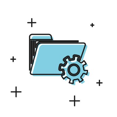 Beyaz arka planda yalıtılmış dişlisimgesine sahip Siyah Klasör ayarları. Yazılım güncellemesi, transfer protokolü, takım çalışması araç yönetimi. Vektör İllüstrasyonu