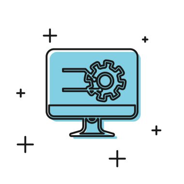 Grafik grafik simgesi beyaz arka planda yalıtılmış siyah bilgisayar monitörü. Metin dosyası simgesini bildirin. Muhasebe işareti. Denetim, analiz, planlama. Vektör İllüstrasyonu