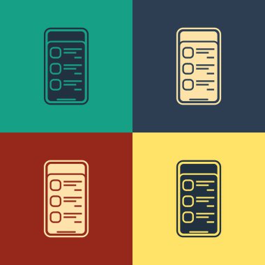 Renkli arka planda yalıtılmış cep telefonu simgesi renkli Online alışveriş. Online satın alma. Internet mağazası, mobil mağaza uygulaması ve ödemeler faturalandırma. Vintage tarzı çizim. Vektör İllüstrasyonu
