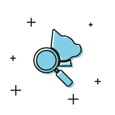 Siyah Veteriner kliniği sembol simgesi beyaz arka plan üzerinde izole. Kedi veteriner bakımı ile büyüteç. Pet İlk Yardım işareti. Vektör İllüstrasyonu