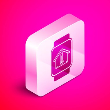 Pembe arka planda izole edilmiş ev sıcaklığı simgesine sahip İzometrik Akıllı saat. Termometre simgesi. Gümüş kare düğme. Vektör İllüstrasyonu