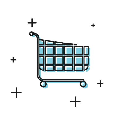 Siyah Alışveriş sepeti simgesi beyaz arka planda yalıtılmış. Online satın alma konsepti. Teslimat hizmeti işareti. Süpermarket sepeti sembolü. Vektör İllüstrasyonu