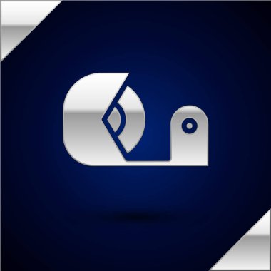 Gümüş Scotch simgesi koyu mavi arka plan izole. İş ve onarım için yapıştırıcı bant rulo. Yapışkan ambalaj bandı. Ofis aleti ve diğer şeyler. Vektör İllüstrasyonu