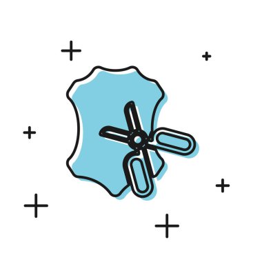 Siyah Makas ve deri simgesi beyaz arka plan üzerinde izole. Terzi sembolü. Kesici alet işareti. Vektör İllüstrasyonu