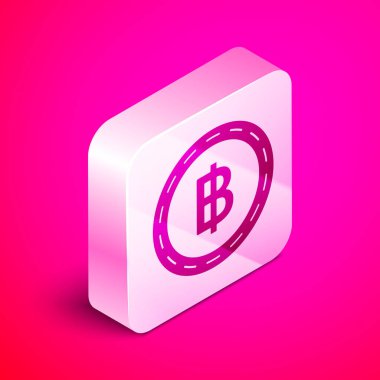 İzometrik Cryptocurrency sikke Bitcoin simgesi pembe arka plan üzerinde izole. Blockchain teknolojisi, bitcoin, dijital para piyasası, kripto para cüzdanı. Gümüş kare düğme. Vektör İllüstrasyonu