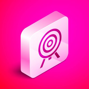İzometrik Hedef simgesi pembe arka plan üzerinde izole. Dart tahtası tabelası. Okçuluk tahtası simgesi. Dart tahtası işareti. İş hedefi kavramı. Gümüş kare düğme. Vektör İllüstrasyonu
