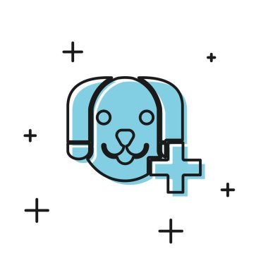 Siyah Veteriner kliniği sembol simgesi beyaz arka plan üzerinde izole. Köpek veteriner bakımı ile çapraz. Pet İlk Yardım işareti. Vektör İllüstrasyonu