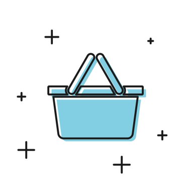 Siyah alışveriş sepeti simgesi beyaz arkaplanda izole edildi. İnternetten satın alma konsepti. Servis tabelası. Alışveriş arabası sembolü. Vektör İllüstrasyonu