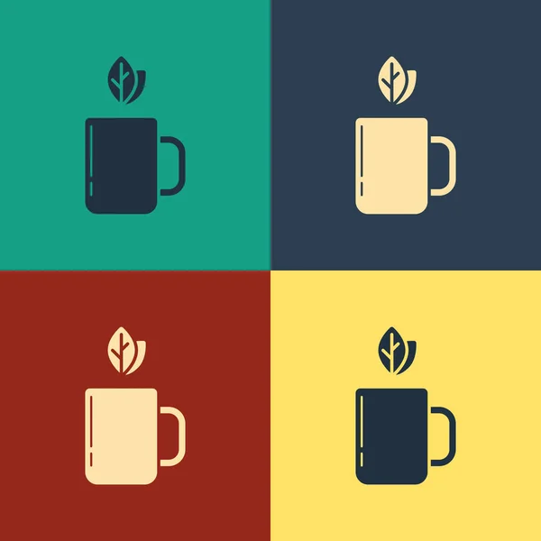 Kleur kopje thee en blad pictogram geïsoleerd op kleur achtergrond. Vintage stijl tekening. Vector illustratie — Stockvector