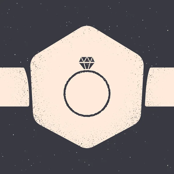 Icono de anillo de compromiso Grunge Diamond aislado sobre fondo gris. Dibujo vintage monocromo. Ilustración vectorial — Vector de stock