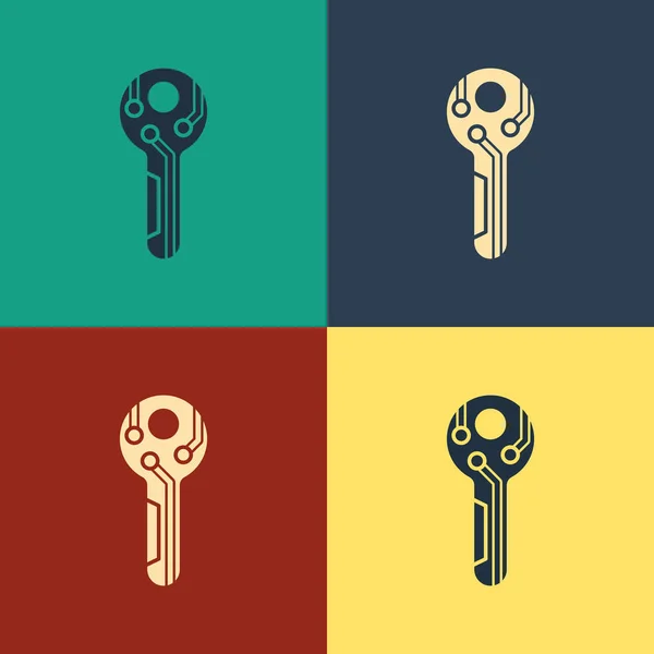 Kleur Cryptogeld sleutel pictogram geïsoleerd op kleur achtergrond. Concept van Cyber Security of private key, digitale sleutel met technologie-interface. Vintage stijl tekening. Vector illustratie — Stockvector