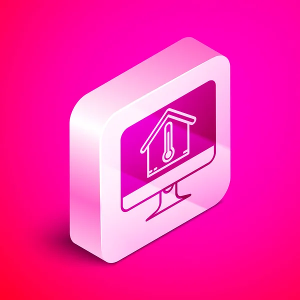 Monitor de computadora isométrico con icono de temperatura de la casa aislado sobre fondo rosa. Icono del termómetro. Botón cuadrado plateado. Ilustración vectorial — Archivo Imágenes Vectoriales