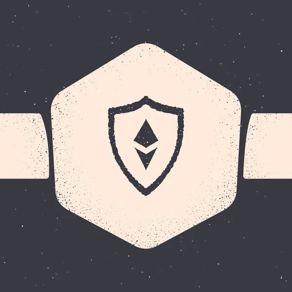 Grunge Shield Ethereum Ícone ETH isolado em fundo cinza. Mineração de criptomoeda, tecnologia blockchain, segurança, proteger, dinheiro digital. Desenho vintage monocromático. Ilustração vetorial — Vetor de Stock