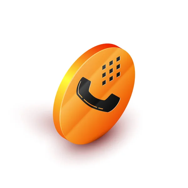 Ισομετρικό εικονίδιο τηλεφωνικής συσκευής απομονώνεται σε λευκό φόντο. Σήμα τηλεφώνου. Πορτοκαλί κουμπί κύκλου. Απεικόνιση διανυσματικών φορέων — Διανυσματικό Αρχείο