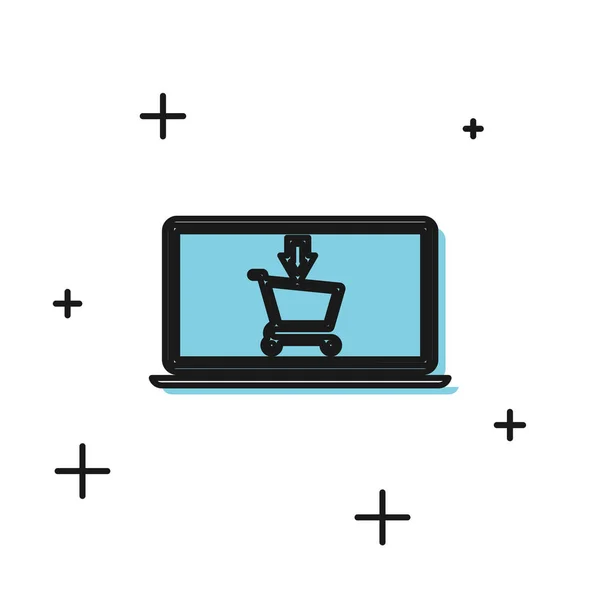 Μαύρο καλάθι αγορών στην οθόνη laptop εικονίδιο απομονώνονται σε λευκό φόντο. Concept e-commerce, e-business, online business marketing. Εικονογράφηση διανύσματος — Διανυσματικό Αρχείο