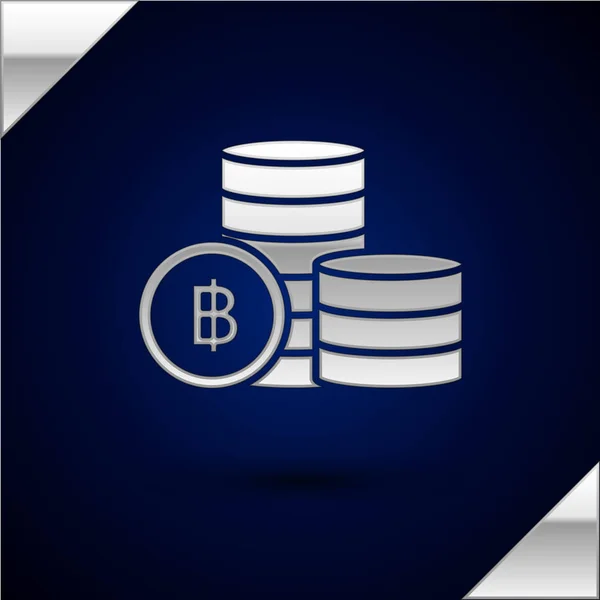 Srebrna moneta kryptowaluta Bitcoin ikona wyizolowana na ciemnym niebieskim tle. Technologia Blockchain, Bitcoin, cyfrowy rynek pieniężna, portfel kryptoiny. Ilustracja wektorowa — Wektor stockowy
