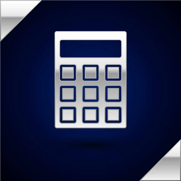 Icono de la calculadora de plata aislado sobre fondo azul oscuro. Símbolo contable. Cálculos de negocio matemáticas educación y finanzas. Ilustración vectorial — Vector de stock