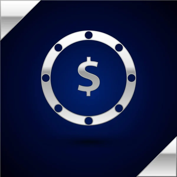 Moeda de prata dinheiro com símbolo de dólar ícone isolado no fundo azul escuro. Sinal de moeda bancária. Símbolo. Ilustração vetorial —  Vetores de Stock