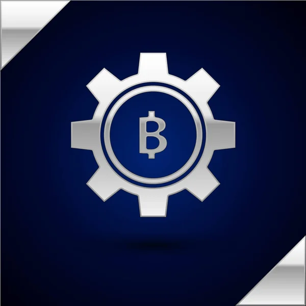 Silver kryptovaluta Coin Bitcoin ikon isolerad på Mörkblå bakgrund. Gear och Bitcoin inställning. Blockchain-baserad säker krypto valuta. Vektor illustration — Stock vektor