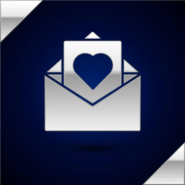 Zilveren envelop met Valentijn hart pictogram geïsoleerd op donker blauwe achtergrond. Boodschap liefde. Letter liefde en romantiek. Vector illustratie — Stockvector