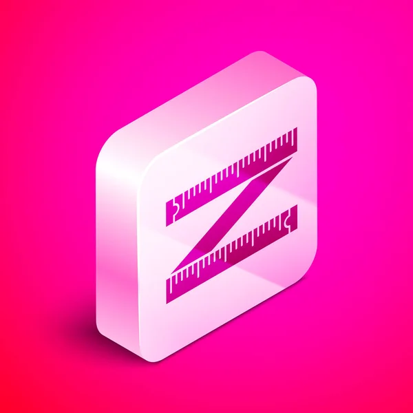 Isometric Tape measure icon isolated on pink background. Mengukur pita. Tombol persegi perak. Ilustrasi Vektor - Stok Vektor