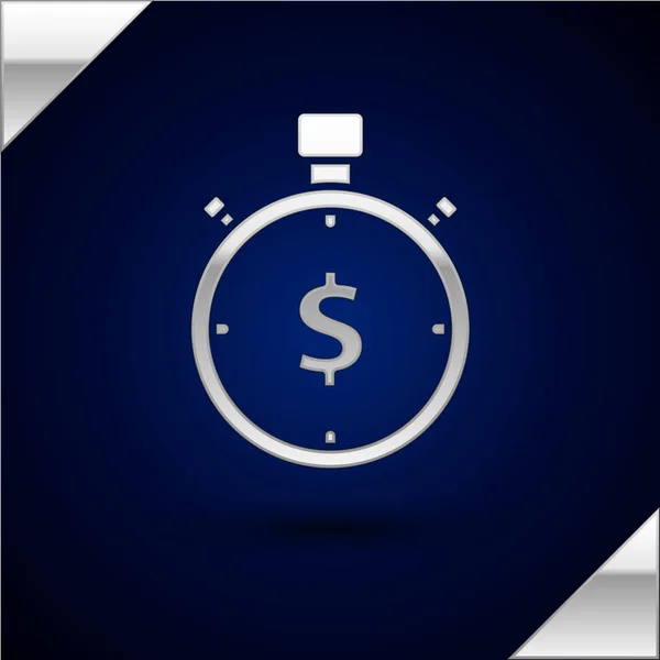Silver Time - иконка денег, выделенная на темно-синем фоне. Деньги это время. Эффективное управление временем. Перевести время в деньги. Знак секундомера. Векторная миграция — стоковый вектор