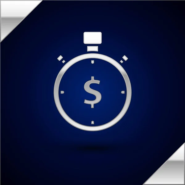 Silver time is Money icoon geïsoleerd op donker blauwe achtergrond. Geld is tijd. Effectief tijdbeheer. Converteer tijd naar geld. Stopwatch teken. Vector illustratie — Stockvector