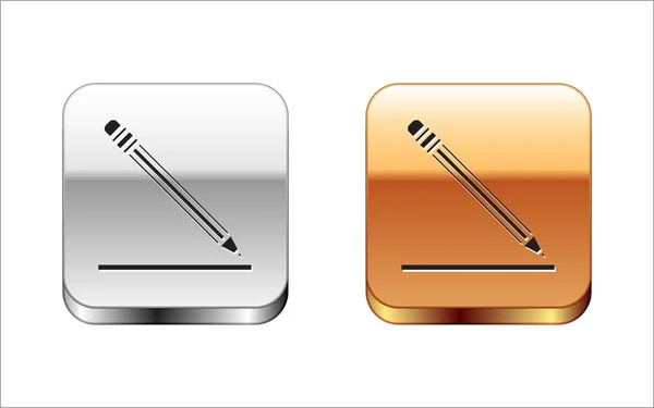 Zwart potlood met Gum en lijn pictogram geïsoleerd op witte achtergrond. Onderwijs teken. Teken-en educatieve tools. School kantoor symbool. Zilver-gouden vierkante knop. Vector illustratie — Stockvector