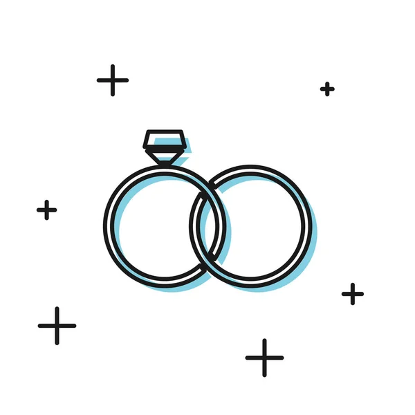 Zwarte trouwringen icoon geïsoleerd op witte achtergrond. Bruid en bruidegom sieraden teken. Huwelijk pictogram. Diamond Ring pictogram. Vector illustratie — Stockvector