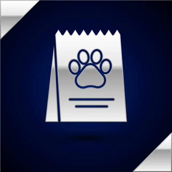Silberne Futtertüte für das Hundesymbol isoliert auf dunkelblauem Hintergrund. Pfotenabdruck für Hund oder Katze. Futter für Tiere. Tierfutter-Paket. Vektorillustration — Stockvektor