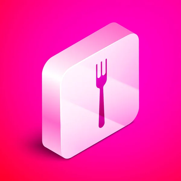 Icono de tenedor isométrico aislado sobre fondo rosa. Símbolo de cubertería. Botón cuadrado plateado. Ilustración vectorial — Archivo Imágenes Vectoriales