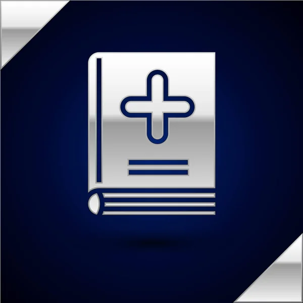 Srebrna ikona książki medycznej wyizolowana na ciemnym niebieskim tle. Ilustracja wektorowa — Wektor stockowy