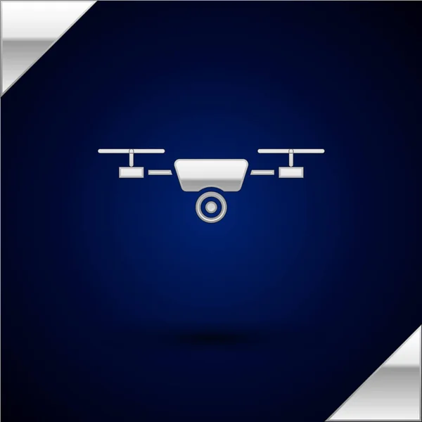 Silver Drone flying with action video camera icon isolated on dark blue background. Quadrocopter with video and photo camera symbol. Vector Illustration — Stock Vector