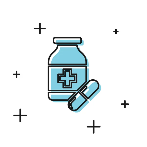 Botella de la medicina negra y pastillas icono aislado sobre fondo blanco. Signo de la píldora. Diseño de farmacia. Ilustración vectorial — Archivo Imágenes Vectoriales