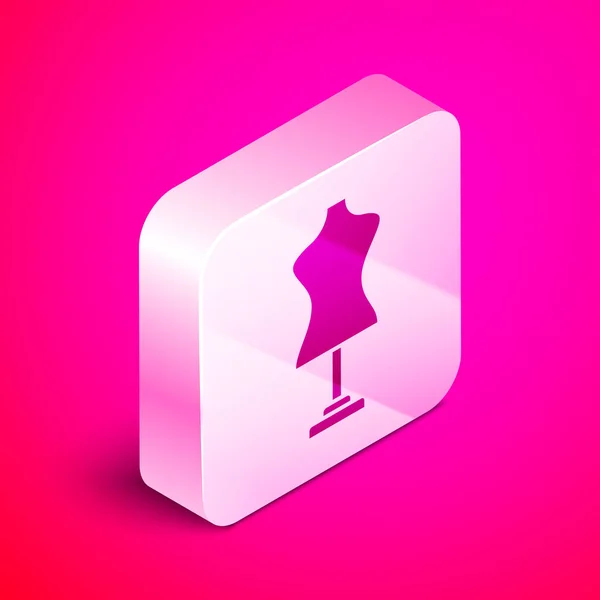 Icono del maniquí isométrico aislado sobre fondo rosa. Maniquí a medida. Botón cuadrado plateado. Ilustración vectorial — Vector de stock