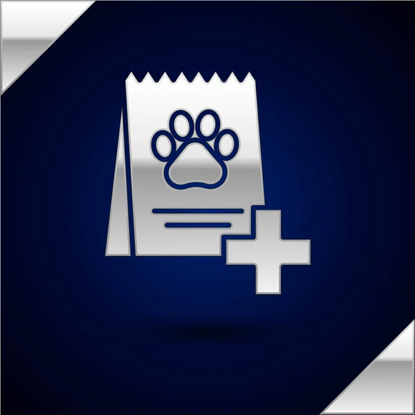 Srebrna torba z żywnością dla psa ikona wyizolowana na ciemnym niebieskim tle. Pies lub kot Paw Print. Pokarm dla zwierząt. Pakiet karmy dla zwierząt domowych. Ilustracja wektorowa — Wektor stockowy