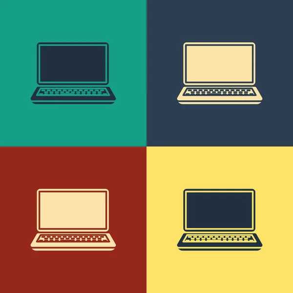 Farb-Laptop-Symbol isoliert auf farbigem Hintergrund. Computer-Notizbuch mit leerem Bildschirm. Vintage-Stil Zeichnung. Vektorillustration — Stockvektor