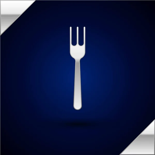Icono de tenedor de plata aislado sobre fondo azul oscuro. Símbolo de cubertería. Ilustración vectorial — Archivo Imágenes Vectoriales