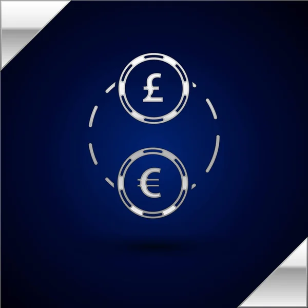 シルバーマネー交換アイコンは、濃い青色の背景に隔離されています。ユーロと英ポンドの現金送金記号。銀行通貨記号。ベクトルイラストレーション — ストックベクタ