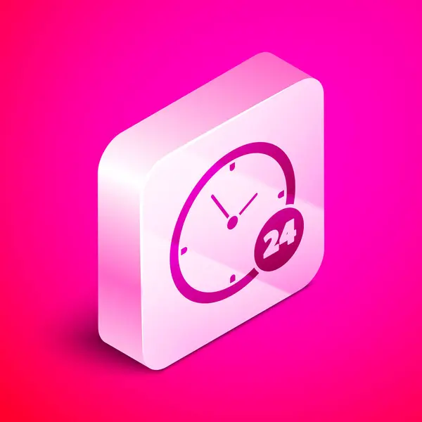 Isometrische Uhr 24 Stunden Symbol isoliert auf rosa Hintergrund. ganztägige zyklische Ikone. 24 Stunden Service-Symbol. Silberner quadratischer Knopf. Vektorillustration — Stockvektor