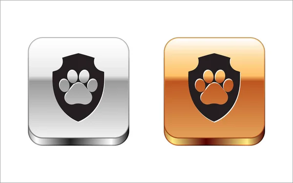 Zwart diergezondheids verzekering pictogram geïsoleerd op witte achtergrond. Huisdier bescherming icoon. Hond of kat Paw Print. Zilver-gouden vierkante knop. Vector illustratie — Stockvector