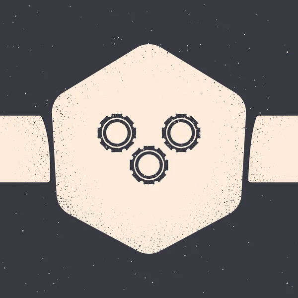 Значок Grunge Gear выделен на сером фоне. Знак настройки шестеренок. Символ винтика. Монохромный винтажный рисунок. Векторная миграция — стоковый вектор