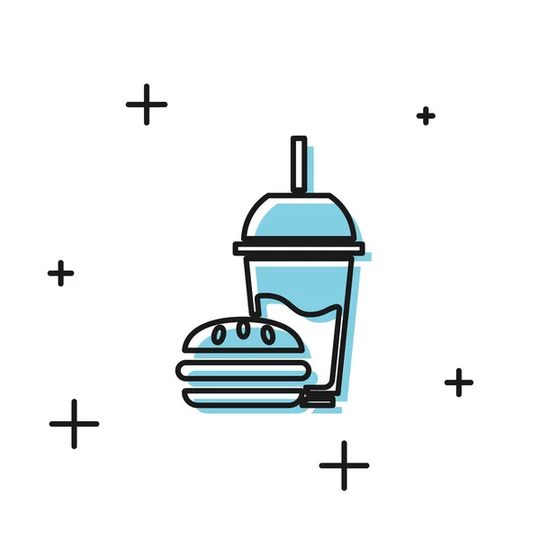 Czarny papier szklany ze słomy pitnej i ikona Burger na białym tle. Soda Aqua napój znak. Hamburger, kanapka cheeseburger. Ilustracja wektorowa — Wektor stockowy