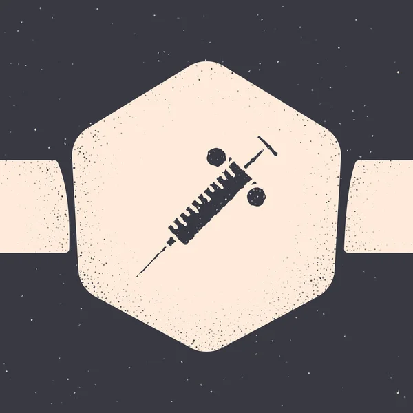 Grunge Syringe icon isolated on grey background. Syringe for vaccine, vaccination, injection, flu shot. Medical equipment. Monochrome vintage drawing. Vector Illustration — Stock Vector
